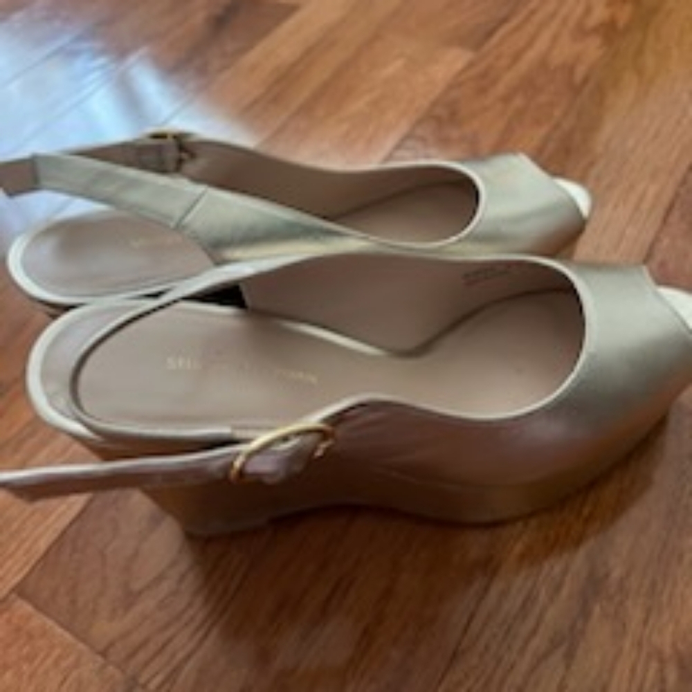 Gold Stuart Weitzman sling back platform wedge heels